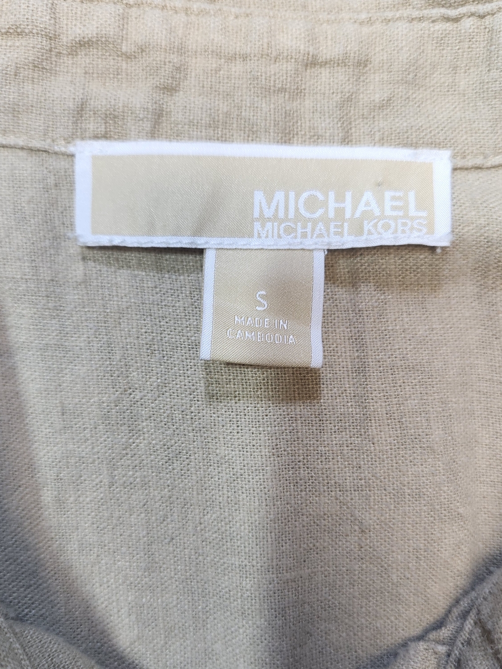 MICHAEL KORS Blouse size Small S Khaki Button Up Tie at Waist Gold Buttons - Picture 3 of 6